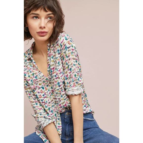 Maeve Shirt Womens 8 White Butterfly Print Button Up Long Sleeve Rayon - Picture 1 of 11